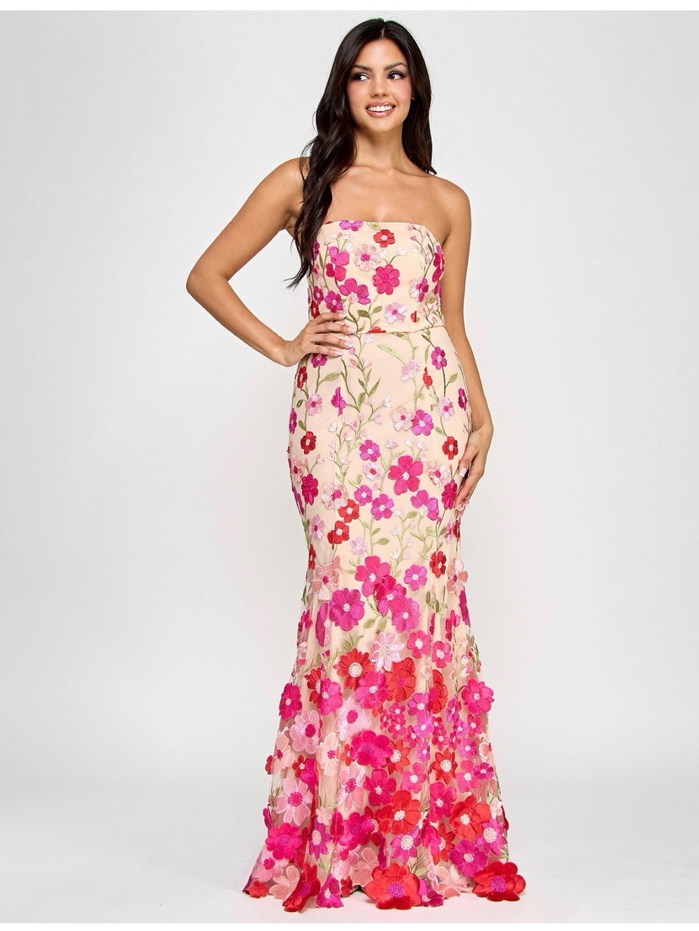 Floral dress- Strapless Floral Embroidered Mermaid Dress in Pink